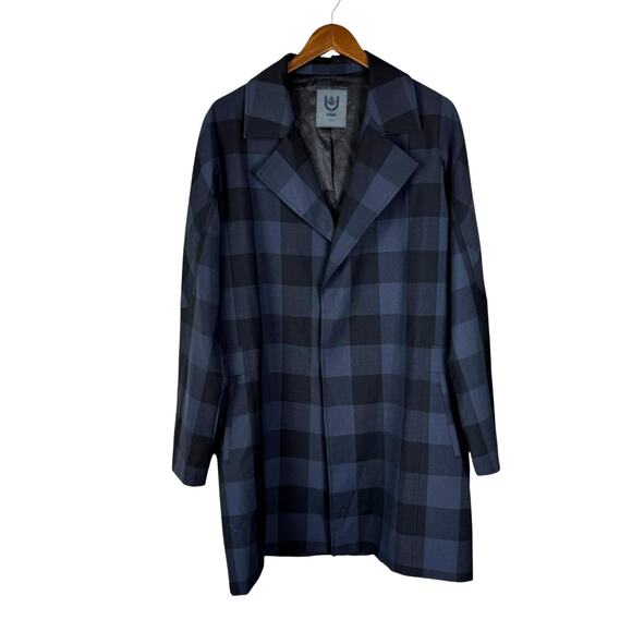 GXG Mens Navy Black Checkered Plaid Long Length Lightweight Coat w Pockets - Picture 1 of 10